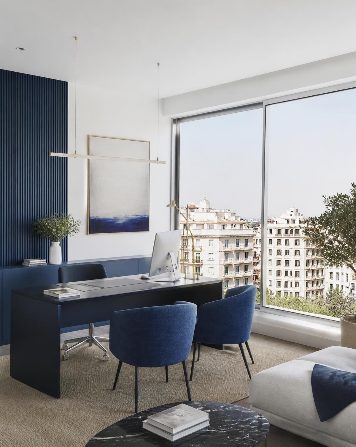 Oficina inmobiliaria moderna con vistas a edificios de viviendas